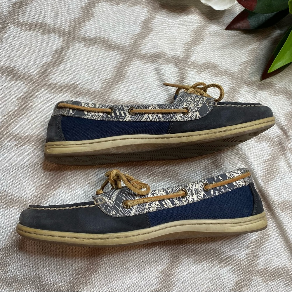 Sperry Navy Tribal Print Boat Shoes Leather Canvas Women’s 10 - Picture 10 of 11